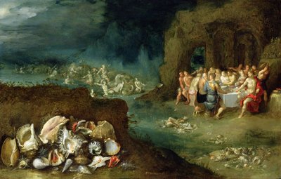 Still life of shells with the Feast of the Gods by Frans II Francken the Younger